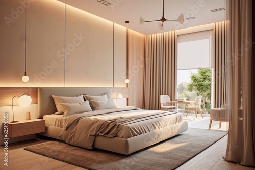 Wide view of a luxury bedroom with simple earthy colors  perfect for a good night s sleep..