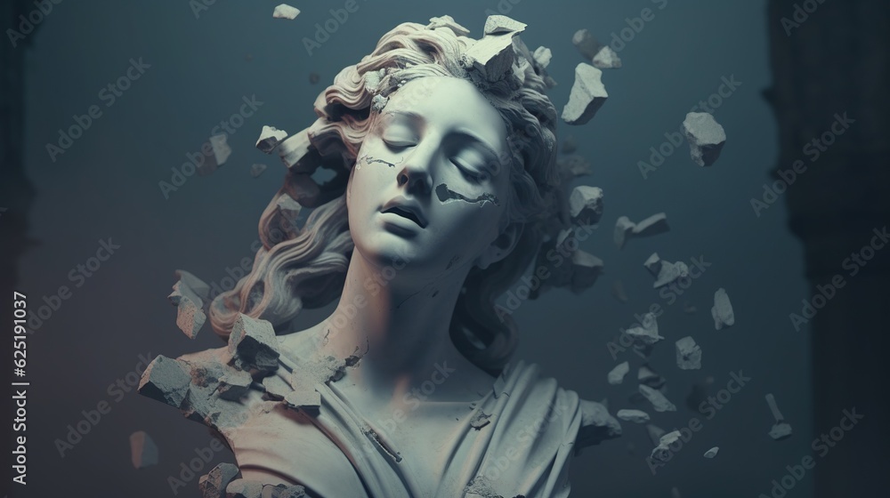 A broken head sculpture of classical style. Cracking marble female sculpture. Concept of depression. Generative AI. Illustration for banner, poster, cover, brochure or presentation. A broken head sculpture of classical style. Cracking marble female sculpture. Concept of depression. Generative AI. Illustration for banner, poster, cover, brochure or presentation.