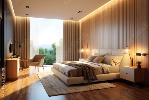 Stylish interior of contemporary room with comfortable bed and luxurious finishings