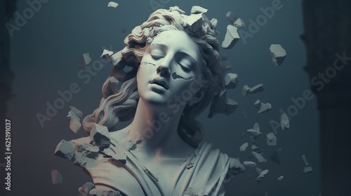 A broken head sculpture of classical style. Cracking marble female sculpture. Concept of depression. Generative AI. Illustration for banner, poster, cover, brochure or presentation.