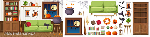 Living room decorated for Halloween. Halloween night interior. Furniture set. Interior constructor. Cartoon vector illustration