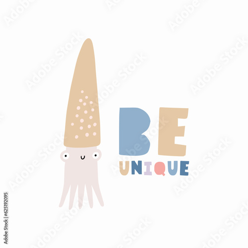 Cute cartoon sea animals - vector illustration. Awesome character -  squid. Undersea illustration in flat style. 