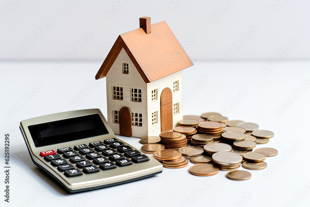 Miniature house model, coins and calculator on table. Mortgage, rent and real estate concept. Generative AI Miniature house model, coins and calculator on table. Mortgage, rent and real estate concept. Generative AI