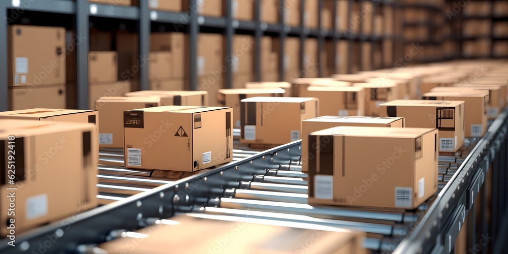 close up carton boxes on conveyor belt, warehouse for product storage and logistics close up carton boxes on conveyor belt, warehouse for product storage and logistics