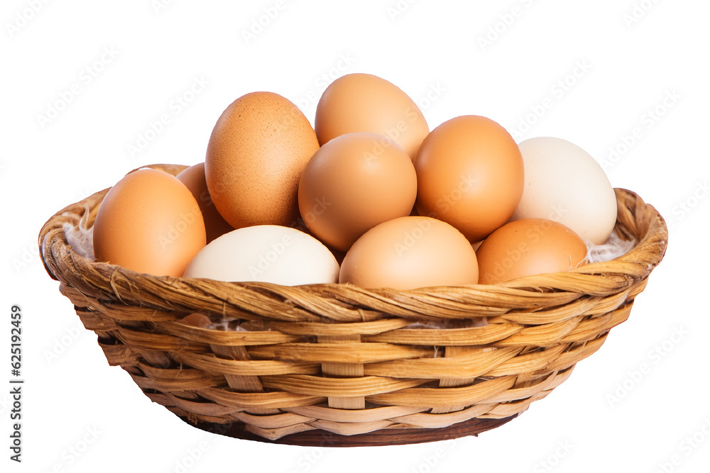 Wicker basket with rustic chicken eggs isolated on a white background. Concept of natural farm product. AI Generation Wicker basket with rustic chicken eggs isolated on a white background. Concept of natural farm product. AI Generation