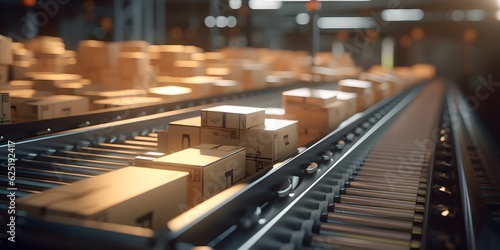 close up carton boxes on conveyor belt, warehouse for product storage and logistics