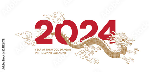 Vector banner, poster, card, logo element, line art illustration of the Dragon Zodiac sign, Symbol of 2024 on the Chinese Lunar calendar, isolated. Green Dragon, Chine Calendar.