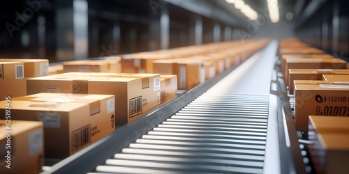 close up carton boxes on conveyor belt, warehouse for product storage and logistics