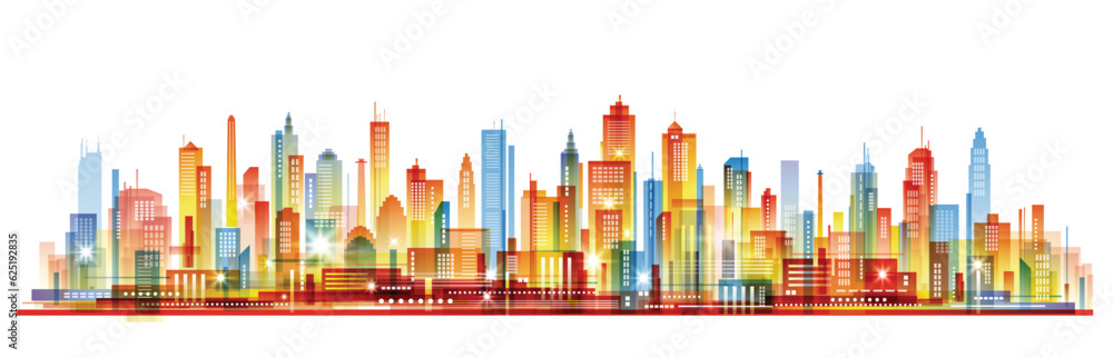 Colorful city skyline. Urban background with architecture, skyscrapers, megapolis, buildings, downtown.