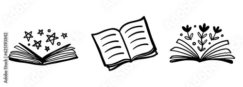 Open book icon doodle set. Bookstore Logo Design