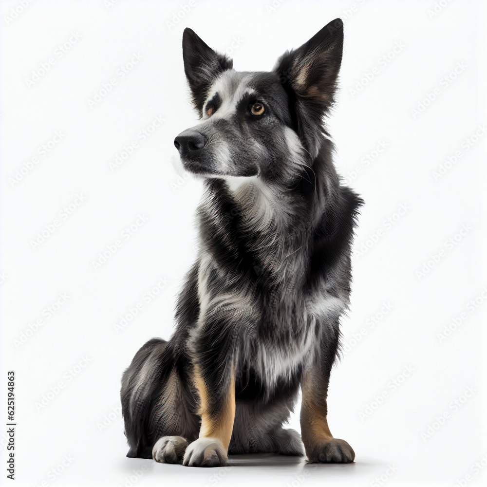 Serene dog rests on a white background, showcasing its loyal and friendly nature. This portrait exudes calmness and tranquility. AI Generative.
