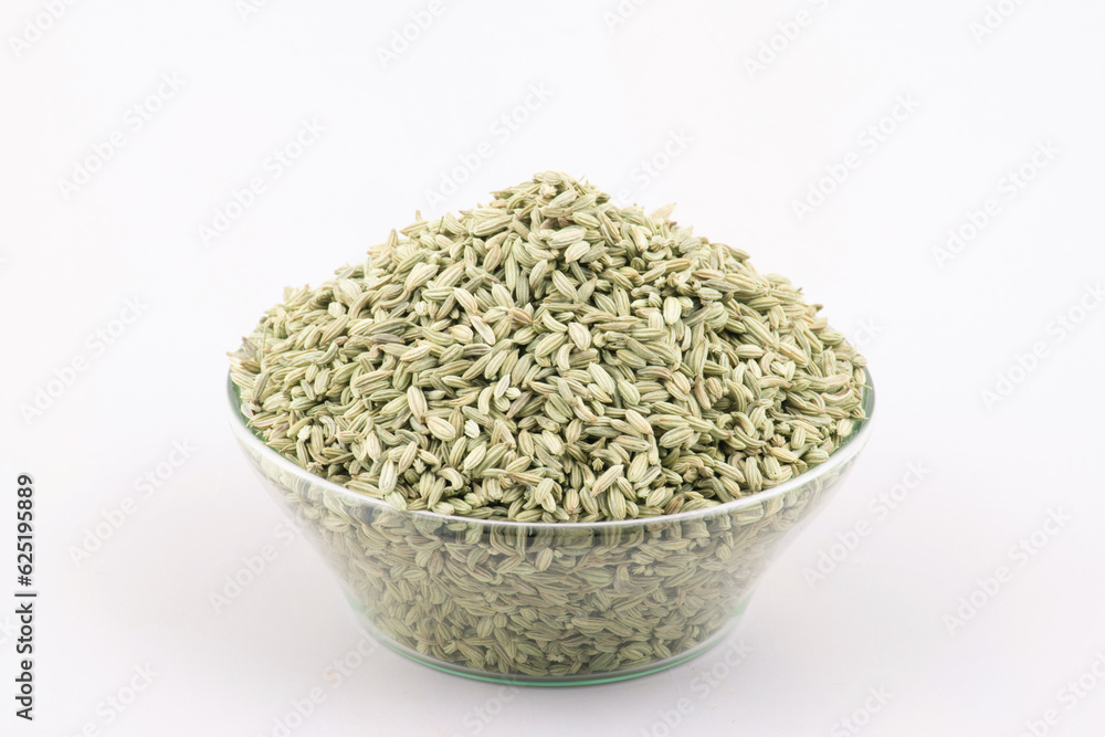 Fennel seeds in bowl isolated on white background, aromatic spice Fennel seeds in bowl isolated on white background, aromatic spice