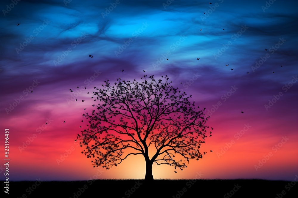 A silhouette of a tree against a sky displaying a spectrum of colors at twilight. This tranquil image offers a beautifully contrasting element for designs