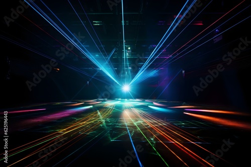 A dynamic image capturing the spectacle of a laser light show in a dark room. This visually striking image can add a high-energy feel to graphic designs.