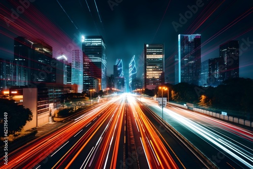A long exposure image capturing the streaks of traffic lights weaving through a cityscape at night. This electrifying image can provide a sense of energy and movement to graphic designs.