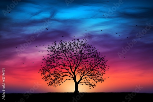A silhouette of a tree against a sky displaying a spectrum of colors at twilight. This tranquil image offers a beautifully contrasting element for designs