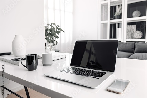 Wallpaper Mural mockup of a laptop with a blank screen on a white desk. Generative AI Torontodigital.ca