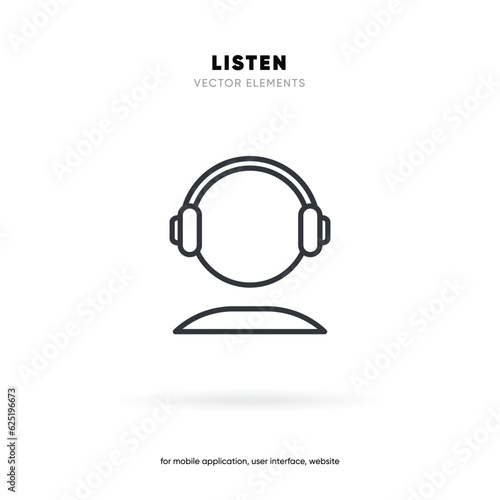 Headphones icon. Listen icon. Black head phone symbol silhouette isolated on white. Music sound sign.