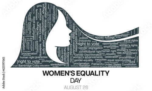 Women's Equality Day design with word cloud of women equality in a shape of woman portrait. Vector illustration