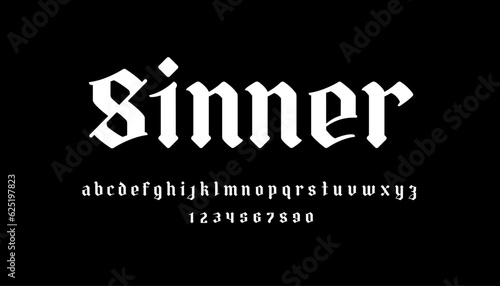 "Sinner" - Y2k Neo Gothic tattoo font type. Aesthetic 2000s gothic Punk style font. Vintage Goth style tattoo vector font type template