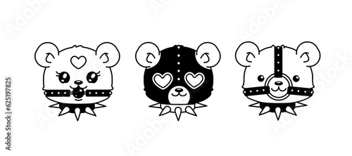 Y2k Teddy Bear toy faces in 2000s style tattoo art or sticker design. Gothic punk teddy bear mask in studded collar and ball gag. Gothic 00's sticker. Isolated vector 