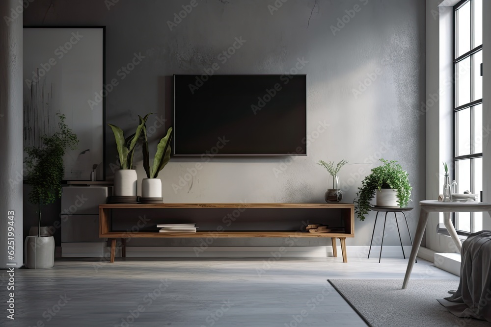 modern interior. a vase and books are on a shelf next to a copy space blank television. window, a white wall and a black concrete floor, no people. Generative AI modern interior. a vase and books are on a shelf next to a copy space blank television. window, a white wall and a black concrete floor, no people. Generative AI