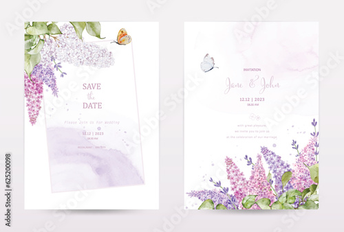 Set of invitation cards with lilac and butterfly on stains watercolor