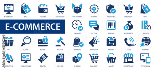 E-Commerce icons. 60 E-commerce, online shopping and delivery icon. Flat icons collection