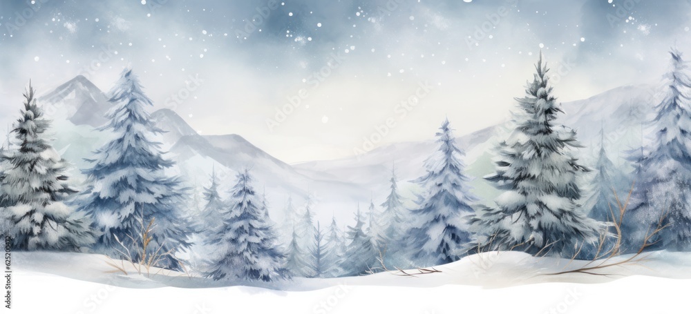 Green Christmas trees in snowy forest. Watercolor winter landscape. Concept of festive holiday celebration.