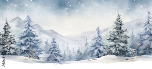 Green Christmas trees in snowy forest. Watercolor winter landscape. Concept of festive holiday celebration. © Postproduction