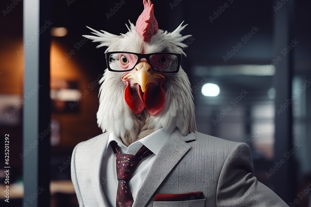 Formal chicken in a business suit at the office, generative AI