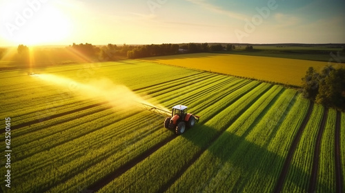 Aerial View of Tractor Spraying Pesticides on Wheat Plantation at Sunset Drone View. illustration Generative ai.
