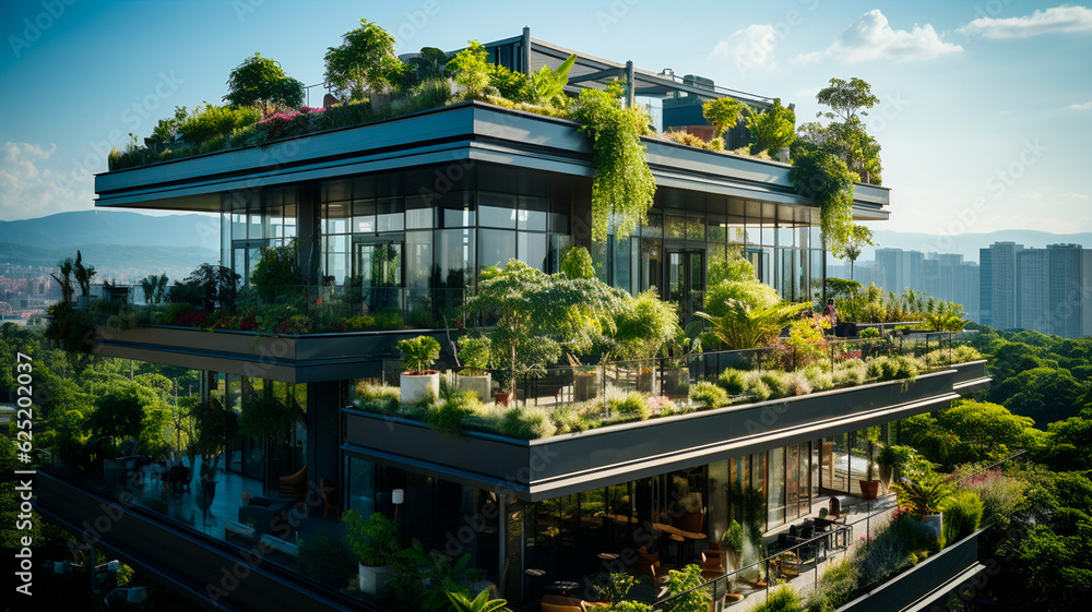 Sustainable Living Spaces: Green Building with Abundant Vegetation. Generative AI. Sustainable Living Spaces: Green Building with Abundant Vegetation. Generative AI.