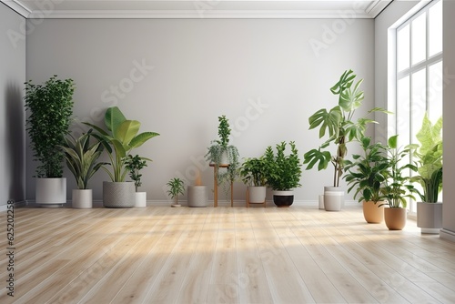 mockup of an empty room with plants has a hardwood floor. Generative AI © Vusal