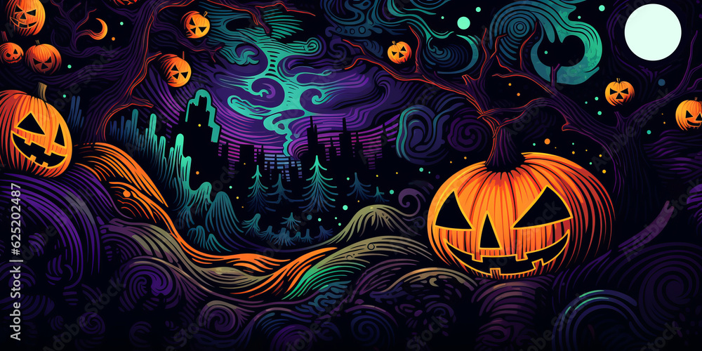 Background banner with pumpkins in spooky forest. Holiday event halloween banner background concept.Generative AI