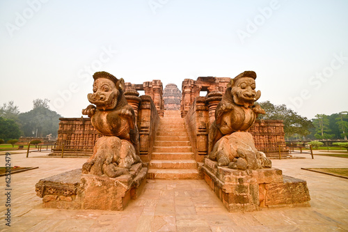 Hand chiseled sculptures of a couple of  Leogryphs guarding the entrance to Sun temple, Konark, India.