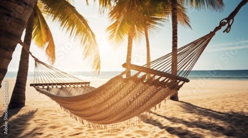 Wicker hammock on beach with palm trees.