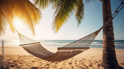 Wicker hammock on beach with palm trees. © Pro Hi-Res