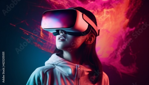 Asian attractive girl wearing a VR headset on neon background.