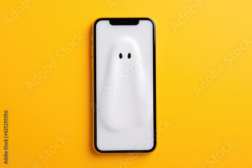 Creative minimal concept banner for mobile vpn app. Ghost and smartphone isolated on bright orange background. Ghost is a symbol of anonymity, reliable vpn service for your phone. 