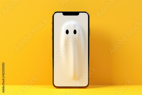 Creative minimal concept banner for mobile vpn app. Ghost and smartphone isolated on bright orange background. Ghost is a symbol of anonymity, reliable vpn service for your phone.  © SnowElf
