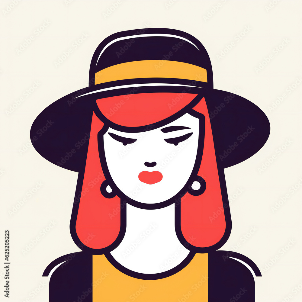Bold Line Quirky Woman Avatar with hat on white background Bold Line Quirky Woman Avatar with hat on white background