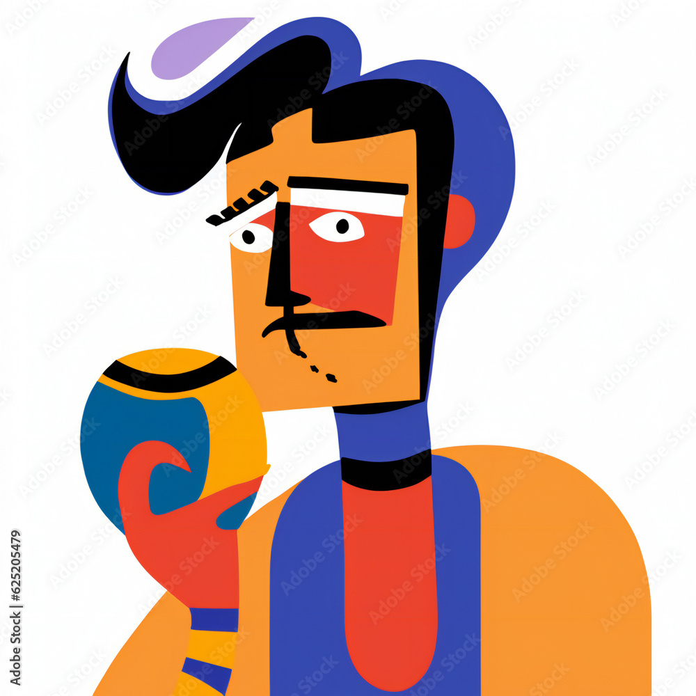 Bold Quirky lined Stylised Man with a Mug Avatar on white background.