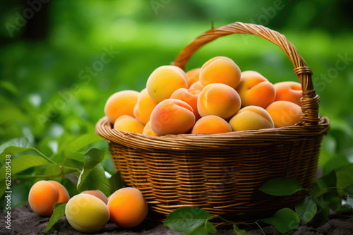 Wicker basket full of apricots on green leaves background