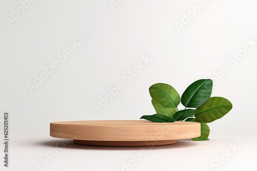 Round showcase podium for product display made of light wood  decorated with green leaves on a white background. Wooden stage for natural natural products.