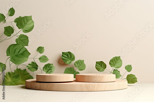 Round showcase podium for product display made of light wood, decorated with green leaves on a white background. Wooden stage for natural natural products. © SnowElf