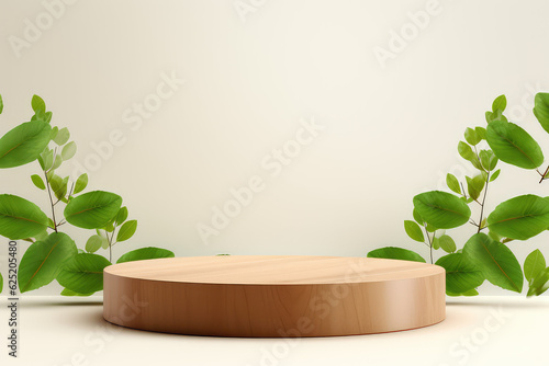 Round showcase podium for product display made of light wood, decorated with green leaves on a white background. Wooden stage for natural natural products.