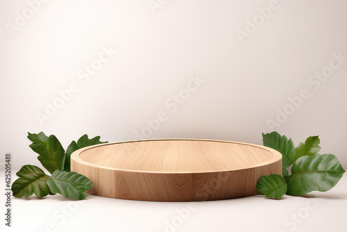 Round showcase podium for product display made of light wood, decorated with green leaves on a white background. Wooden stage for natural natural products.