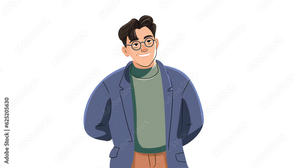Cartoony Flat Plus Size Gen Z Guy in Specs Wearing Yellow Coat Cartoony Flat Plus Size Gen Z Guy in Specs Wearing Yellow Coat