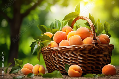 Wicker basket full of apricots on green leaves background
